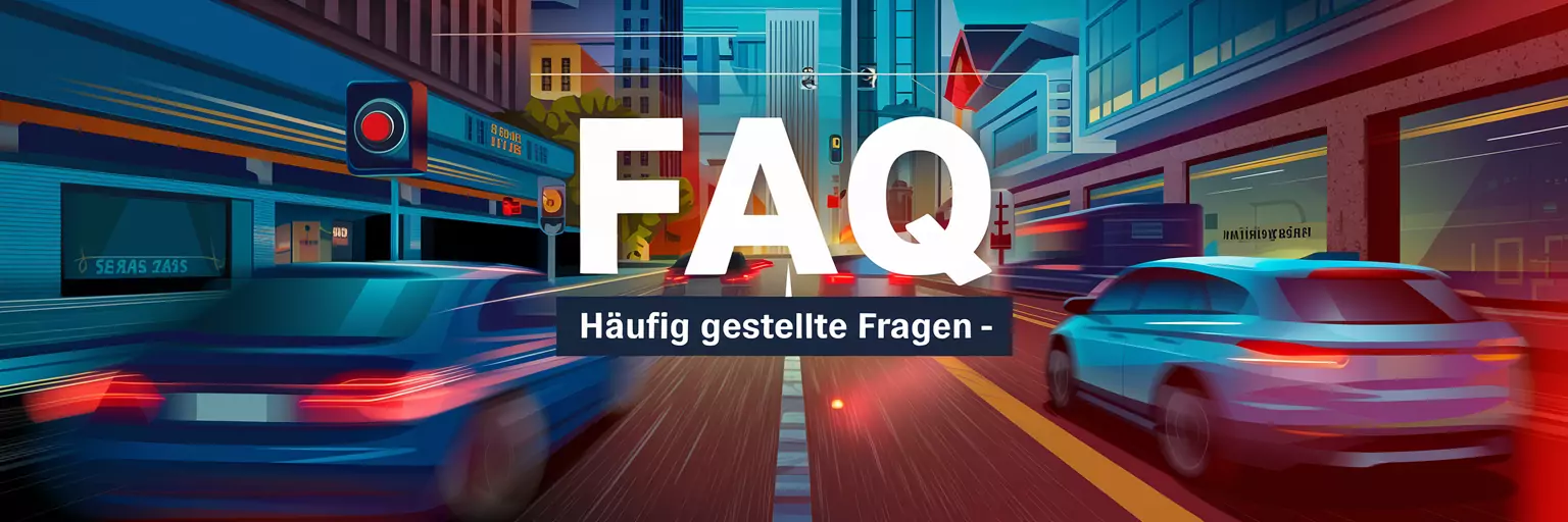 Nächtliche Stadtstraße mit Autos und roter Ampel als Illustration zu FAQs im Verkehrs- und Ordnungswidrigkeitsrecht.