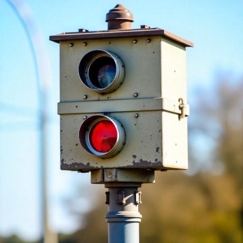 Stationäre Geschwindigkeitsmessanlage an mehrspuriger Straße mit fließendem Verkehr