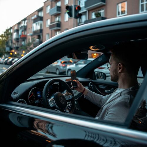 Mann benutzt Smartphone während der Fahrt in geparktem Mercedes