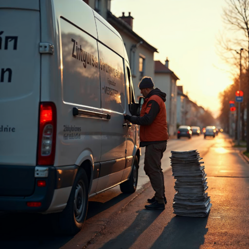 Zeitungszusteller entlädt Zeitungspakete aus Lieferwagen im eingeschränkten Halteverbot