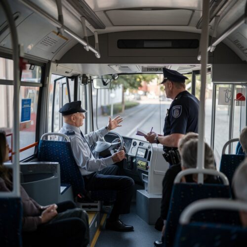 Polizist kontrolliert Busfahrer auf Sicherheitsgurt im Linienbus während einer Verkehrskontrolle.