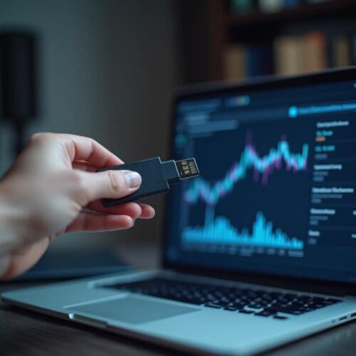 USB-Stick wird über Laptop gehalten, der Geschwindigkeitmessdaten und Grafiken anzeigt.