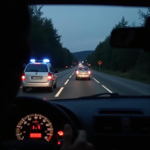 Polizeiwagen folgt Auto bei nächtlicher Geschwindigkeitsmessung.