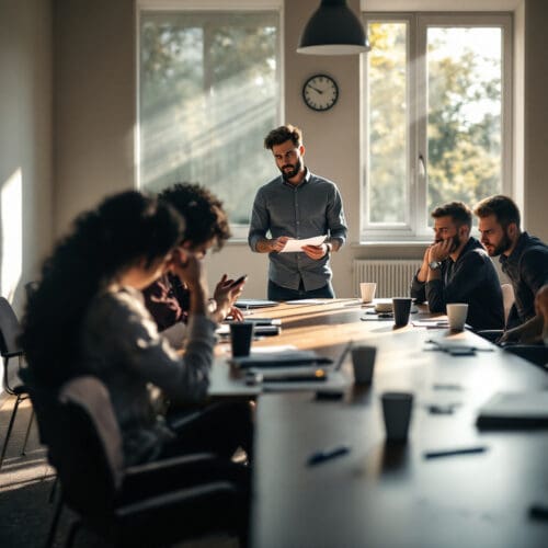 Seminarraum mit unruhiger Stimmung, Seminarleiter hält Papiere, Teilnehmer zeigen Ungeduld.