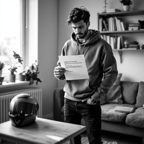 Junger Mann hält Ablehnung des Oberverwaltungsgerichts in Wohnzimmer mit einfacher Einrichtung und Motorradhelm auf Tisch.