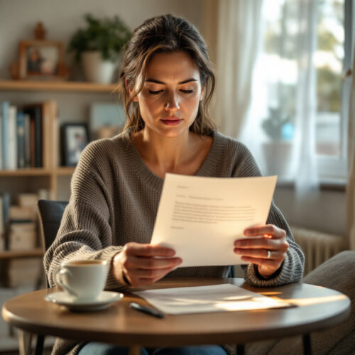 Frau in einem Wohnzimmer hält einen Brief zur Fahrerlaubnisentziehung und sieht besorgt aus.