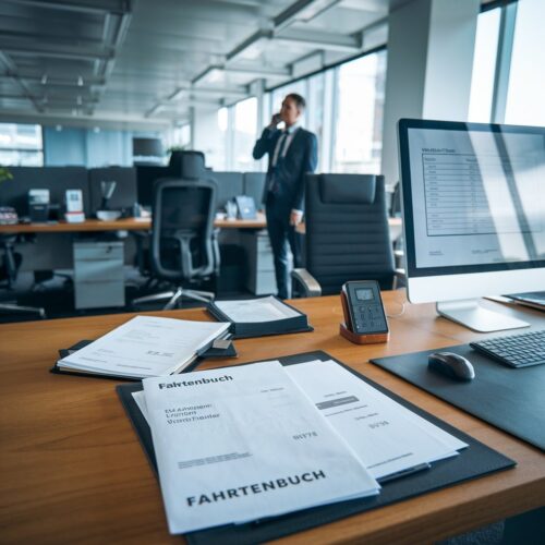 Büro eines Transportunternehmens mit Fahrtenbuch-Dokumenten und gestresstem Mitarbeiter am Telefon.