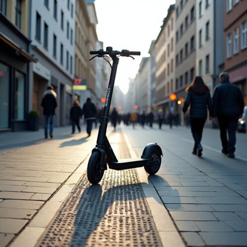E-Scooter blockiert taktile Gehwegsführung auf Bürgersteig in Frankfurt. Pedestrians navigieren um das Hindernis.
