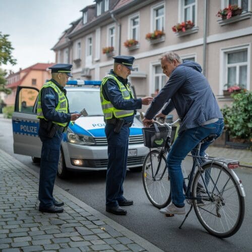 Polizei kontrolliert Fahrradfahrer auf der Straße; Beamte prüfen ID und Drogentest. Altbau im Hintergrund.Polizei kontrolliert Fahrradfahrer auf der Straße; Beamte prüfen ID und Drogentest. Altbau im Hintergrund.