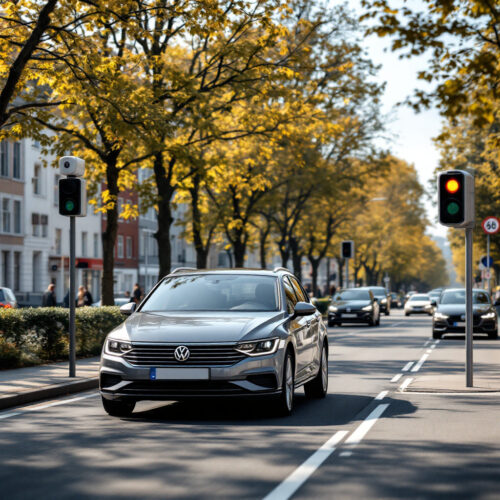 Volkswagen fährt schnell an einem deutschen Radar-Geschwindigkeitsmesser vorbei.