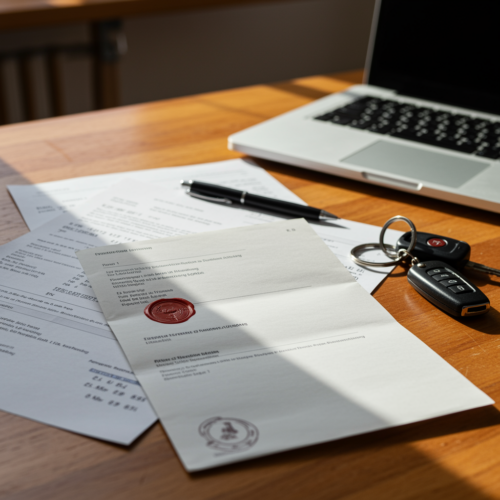 Offenes Schreiben zur Führerscheinentzug in einem deutschen Homeoffice mit Laptop und Autoschlüssel.