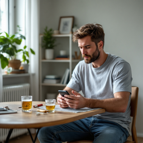 Mann in der Wohnung, der am Tisch sitzt, Smartphone in der Hand, neben ihm Joint und Bierdose.Mann in der Wohnung, der am Tisch sitzt, Smartphone in der Hand, neben ihm Joint und Bierdose.