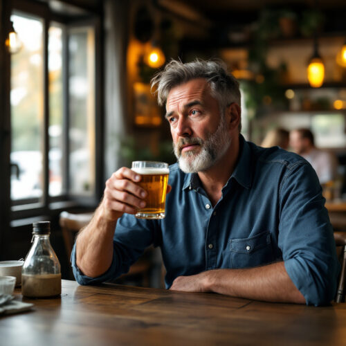 Mann in deutscher Kneipe hebt ein Bierglas, entspannt und leicht betrunken, kurz vor der Entscheidung zu fahren.