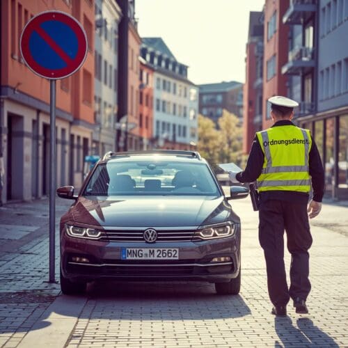 Parkendes Auto unter einem No-Parking-Schild, Parkwächter nähert sich, Bremen, spät am Tag.