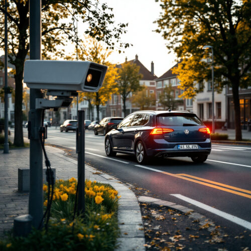Auto wird von einer Verkehrskamera auf einer deutschen Straße beim Rasen fotografiert.