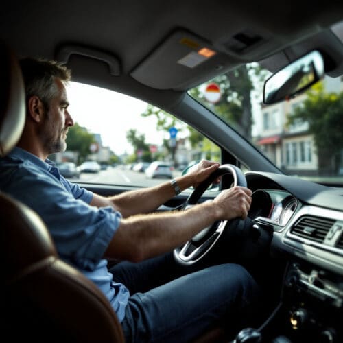 Mittelalter Mann in einem VW Golf fährt auf einer urbanen Straße und schaut abgelenkt zur Seite.Mittelalter Mann in einem VW Golf fährt auf einer urbanen Straße und schaut abgelenkt zur Seite.