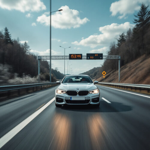 Fahrer überschreitet Geschwindigkeitslimit auf der Autobahn in Brandenburg, deutlich erkennbar durch verwischte Reifen.