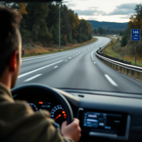 Auto überschreitet Geschwindigkeitslimit auf Autobahn; Tacho zeigt 146 km/h in 60 km/h Zone.