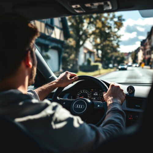 Junger Mann beschleunigt sein Auto mit überhöhter Geschwindigkeit auf einer deutschen Straße.
