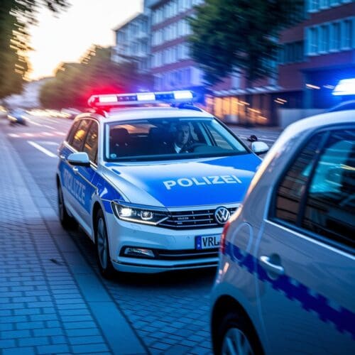 Polizeiauto mit Blaulicht überquert bei Rot eine Kreuzung, Unfall mit zivilem Fahrzeug im Hintergrund.