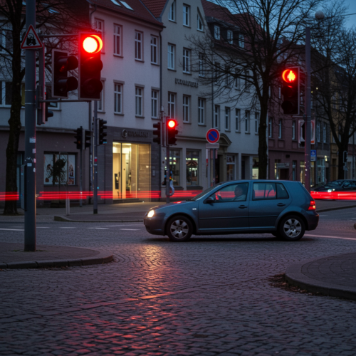 Fahrer in einem VW Golf übersieht rote Ampel an städtischer Kreuzung in Dortmund.
