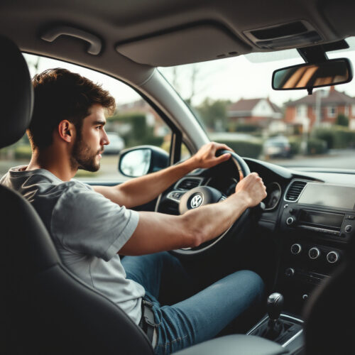 Junger Mann in einem Auto, dreht den Zündschlüssel in einer typischen deutschen Wohnstraße.