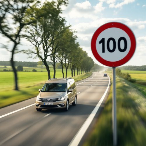 Autobahn: PKW rast an Tempolimit 100 Schild. Geschwindigkeitsüberschreitung.