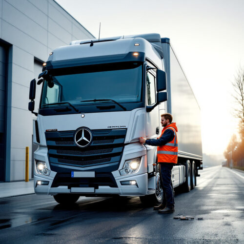 LKW Fahrer montiert LED Zusatzleuchten. Sicherheit & LKW Beleuchtung Vorschriften.