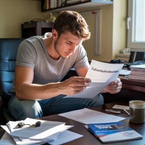 Junger Mann hält amtlichen Brief zum Führerscheinentzug, frustriert an überladenem Schreibtisch