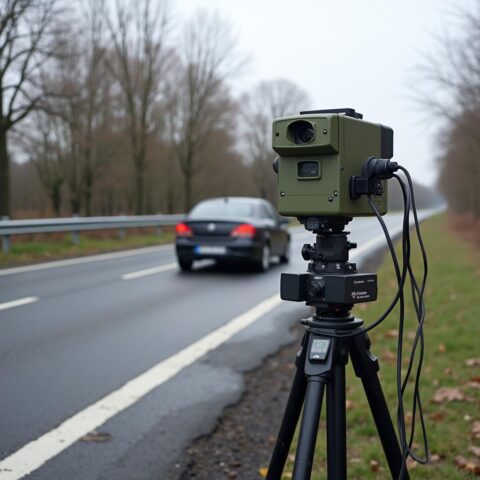Auto bei Geschwindigkeitskontrolle durch Blitzer vor Wohnhäusern, Fahrer angespannt, Polizist mit Messgerät