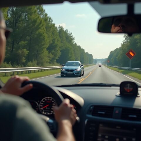 Sportwagen wird geblitzt auf leerer Landstraße bei voller Fahrt.