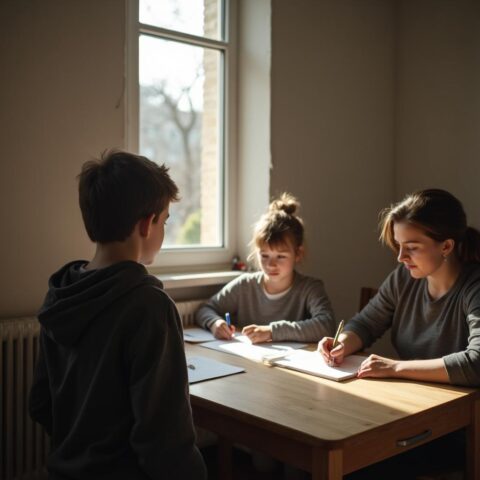 Familie bespricht amtliches Dokument, jugendlicher Widerwille, Eltern besorgt, Tageslicht.