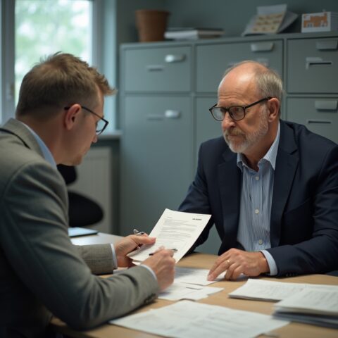 Mann bei Behördenantrag für Führerscheinersatz im Büro, mit Beamtem und Dokument