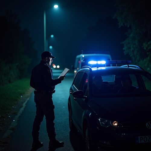 Polizeikontrolle bei Nacht: Polizist kontrolliert Fahrer auf dunkler Straße, Blaulicht leuchtet