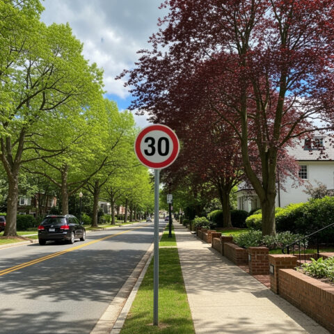 Ein schwarzes Auto passiert ein Tempo-30-Schild, dessen Anordnung im Fokus eines Bußgeldverfahrens wegen Geschwindigkeitsüberschreitung steht.