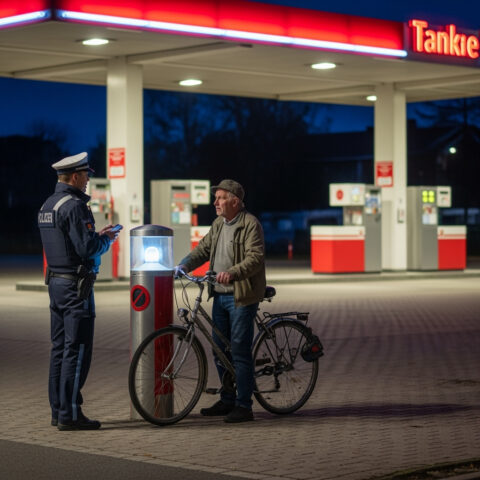 Polizist spricht mit Radfahrer an Tankstelle über Fahrerlaubnisentzug aufgrund Alkoholkonsums von 2,35 Promille.