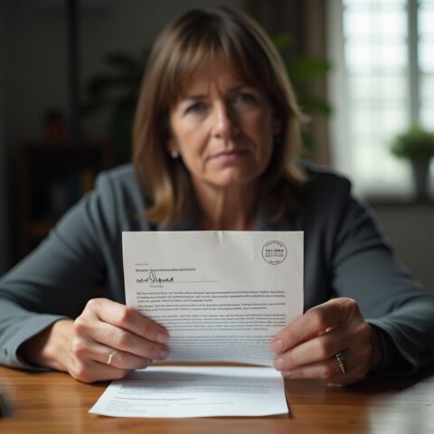 Frau im grauen Blazer hält Brief zum Fahrerlaubnisentzug wegen Cannabis vor laufendem MPU-Gutachten in der Hand.