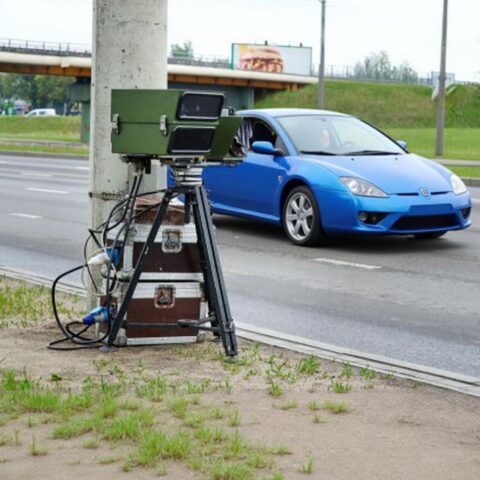 Ein blaues Auto wird von einem Blitzer erfasst, was die rechtmäßige Fahrtenbuchauflage nach Verstoß verdeutlicht.