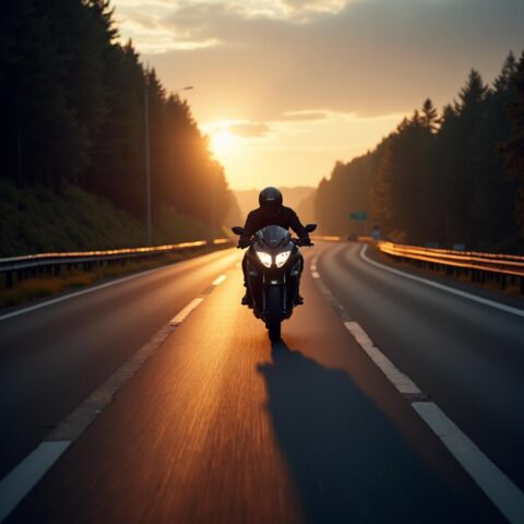 Motorradfahrer bei Sonnenuntergang auf Autobahn, symbolisch für sofort vollziehbare Fahrtenbuchauflage bei Geschwindigkeitsverstoß.