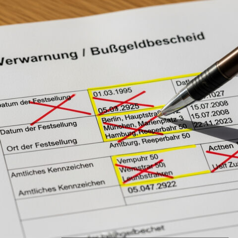 Eine Hand zeigt mit einem Stift auf ein durchgestrichenes Dokument, das bürokratische Fehler andeutet.