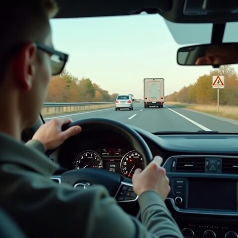Fahrer auf Kraftfahrstraße mit Wildwechsel-Schild, im Fokus der 100 km/h mit Anhänger Tempo-Falle.