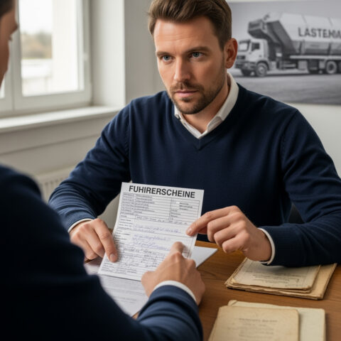 Person erläutert Führerschein Klasse C1 Antrag, Dokument zeigt "FUHRERSCHEINE", Lastwagenbild im Büro ergänzt Thema.