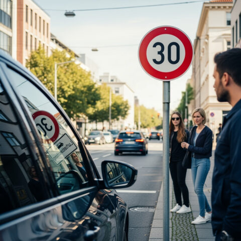 Ein 30 km/h-Schild weist auf ein Tempolimit zur Luftreinhaltung hin, dessen Gültigkeit für Elektroautos diskutiert wird.