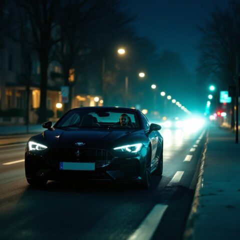 Ein Auto beleuchtet eine Straße, symbolisiert lückenhaftes Messprotokoll bei Geschwindigkeitsüberschreitungen.