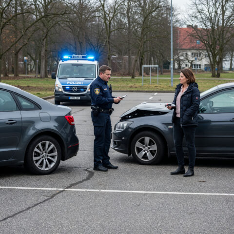 Polizist spricht mit Frau am Unfallort, möglicher Ausgangspunkt zur MPU-Anfechtung und einstweiliger Rechtsschutz Fahrerlaubnis.