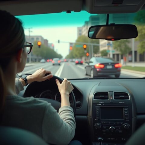 Eine Brillenträgerin fährt konzentriert in der Stadt, während im Hintergrund eine Ampel zu sehen ist.