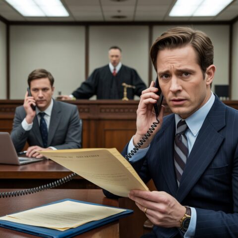 Ein besorgter Anwalt und sein Mandant versuchen im Gerichtssaal mit eilig geführten Telefonaten die Wiedereinsetzung in den vorigen Stand zu erwirken, nachdem eine Rechtsmittelfrist versäumt wurde.