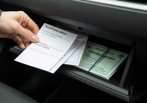 Eine Person legt ein ärztliches Attest und eine Rezeptkopie ordentlich in das Handschuhfach eines Autos.