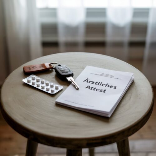 Symbolbild: Ein Autoschlüssel, eine Tablette und ein ärztliches Attest liegen auf einem Tisch und symbolisieren die Verbindung von Fahren, Medikation und Recht.