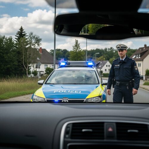 Blick aus der Fahrerperspektive auf einen deutschen Polizeibeamten, der sich bei einer Verkehrskontrolle dem Auto nähert.